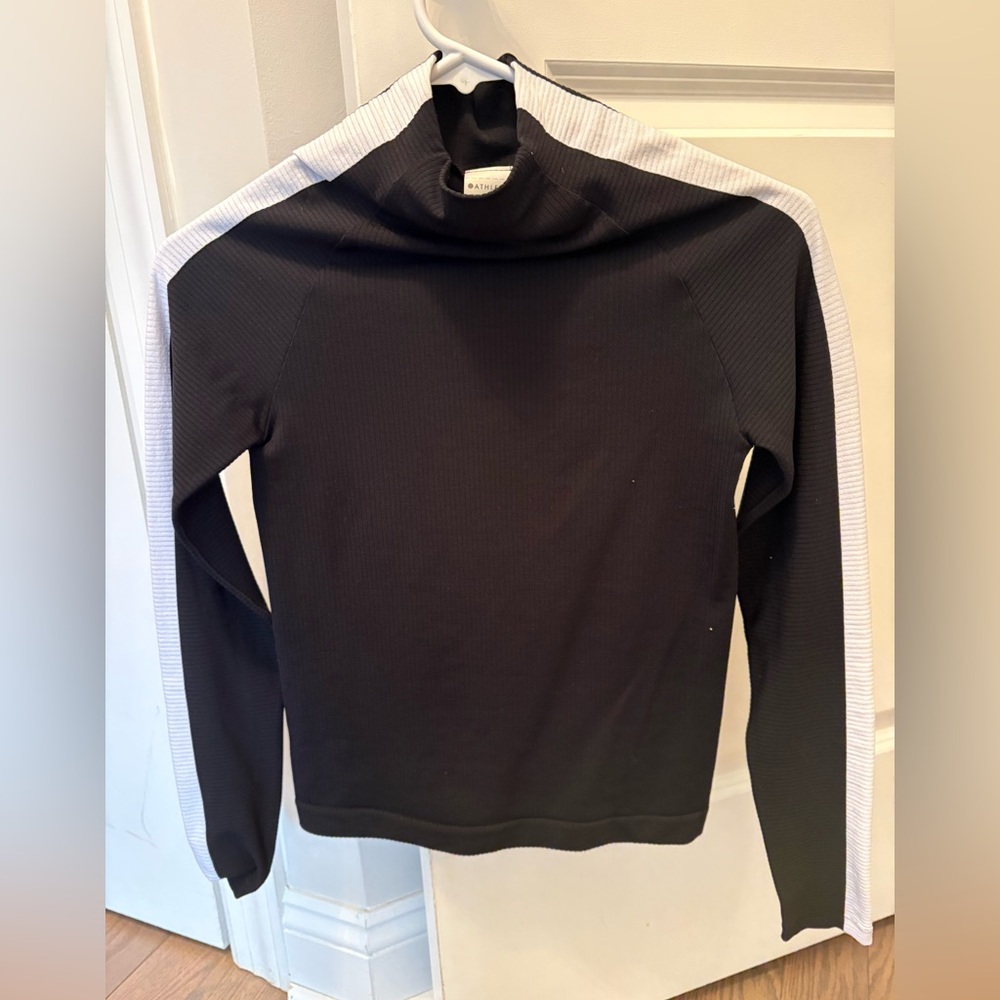 Athleta Black Ribbed Long Sleeve Top with White Sleeve Stripes